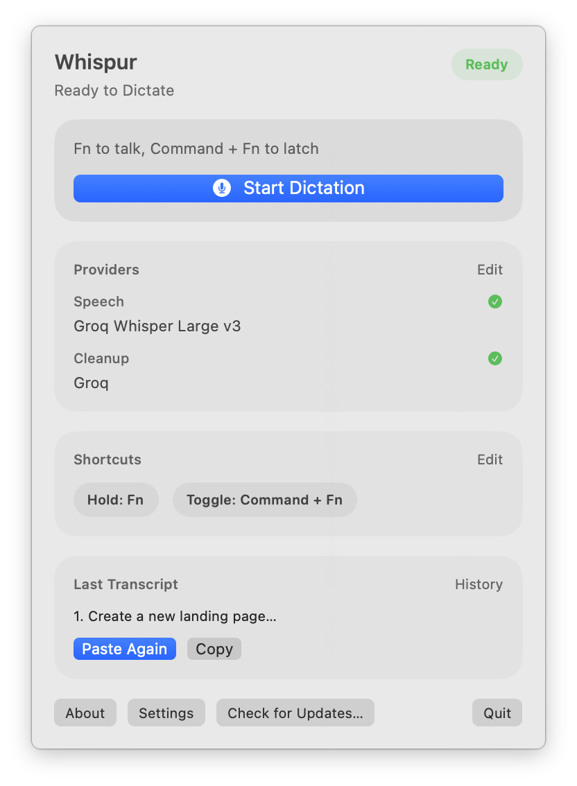 Whispur menu bar dropdown showing recording state and last transcript