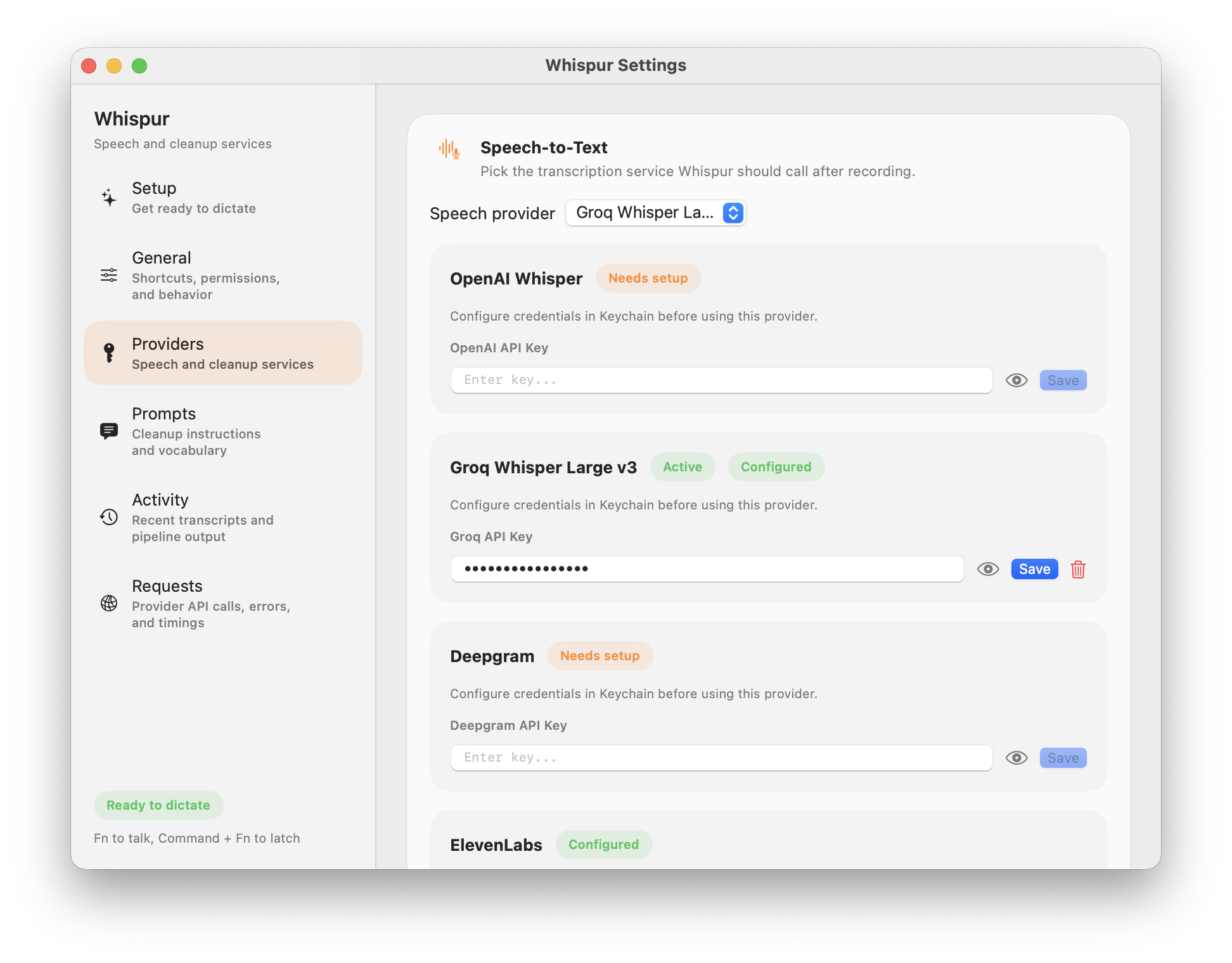 Provider settings with speech and cleanup provider pickers