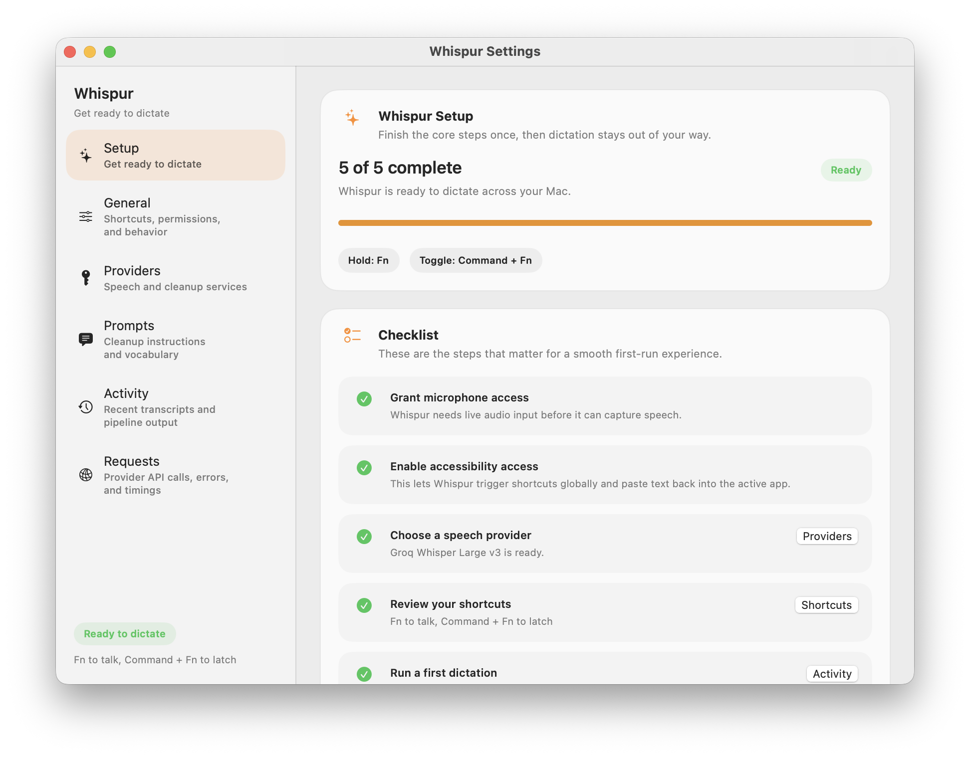 Whispur Setup tab with permission checklist